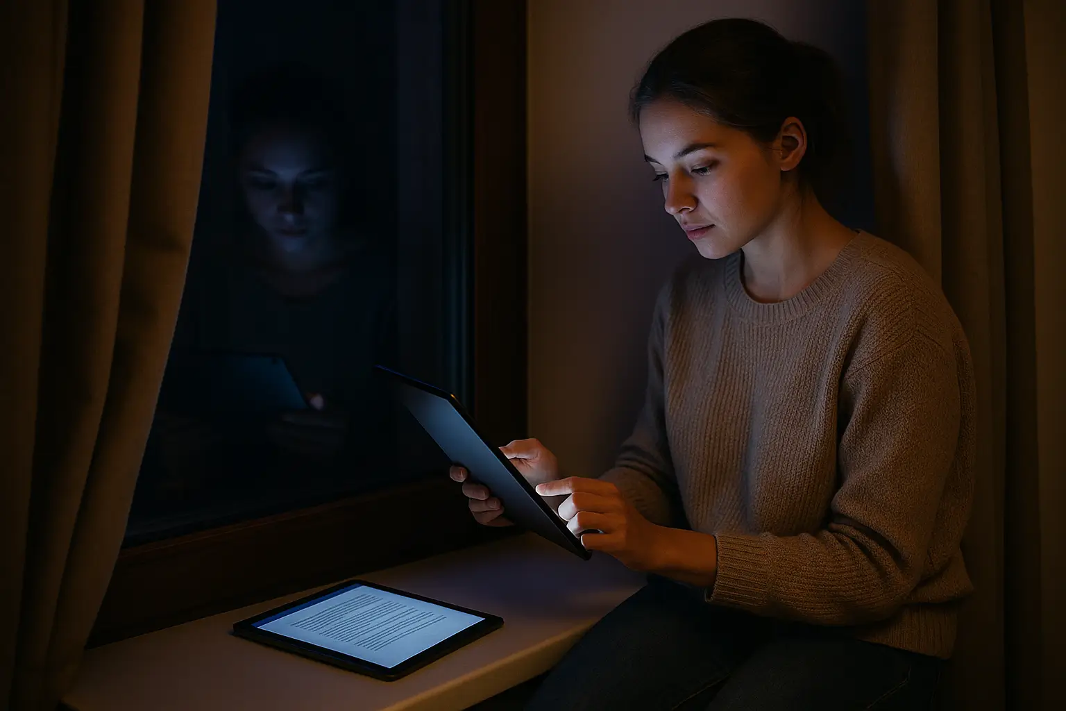 студентка работает на планшете у окна ночью