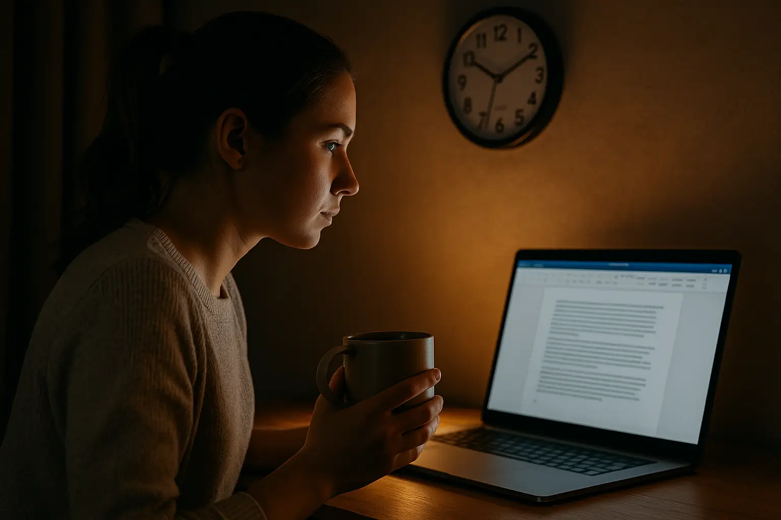 студентка смотрит на экран и пьёт чай ночью